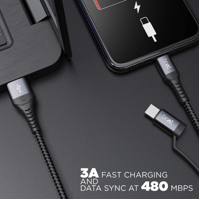 boAt 2 in 1 Type-C & Micro USB Stress Resistant, Sturdy Cable - Deuce USB 300 (Mercurial Black)
