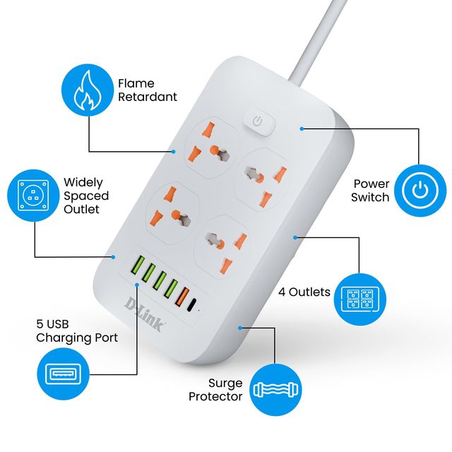 D-Link Power Strip with 4 Universal Sockets with Child Security + 5 USB Ports + 1 Type-C Port,1500W