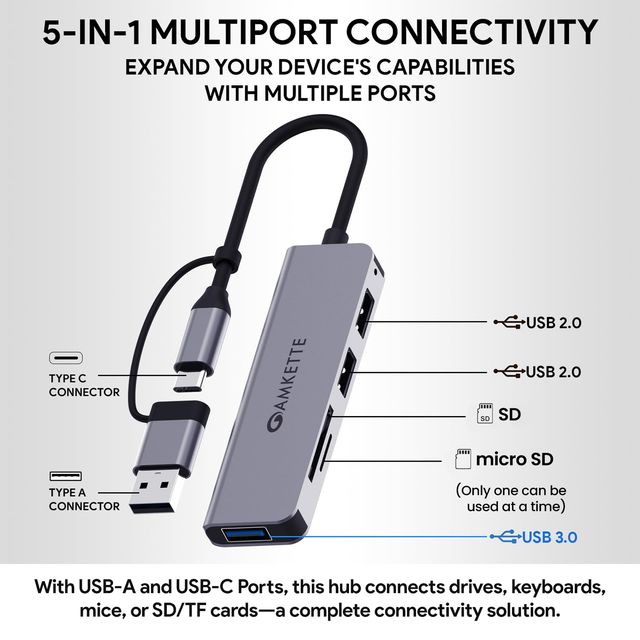 Amkette 366GR 5 In 1 Hybrid USB 3.0 Hub With Card Reader Type C+A - Grey