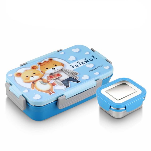 SignoraWare Nugget Printed Steel Lunch Box | 700ml+130ml | Kids Box | Airtight | Leakproof | SkyBlue
