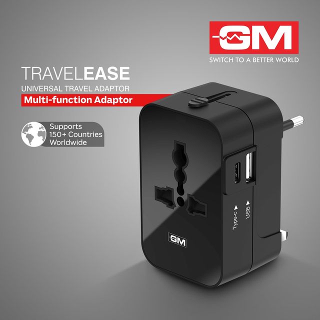 GM 3064 Travel Ease Universal Travel Adaptor | LED Indicator |Multi plug Connection | Type C | Type A | Compact and Light Weight Universal Adaptor - Black