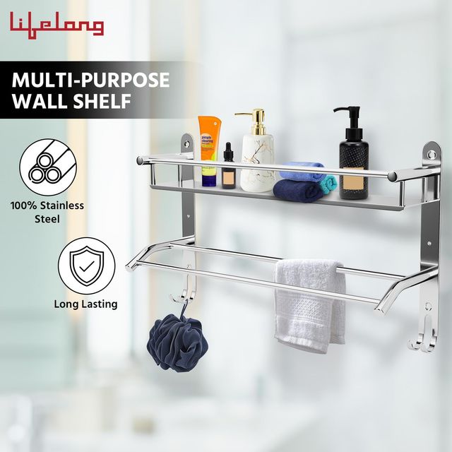 Lifelong Stainless Steel Wall Mounted Bathroom Shelf For Storage-Single Layer Cabinet Towel Holder
