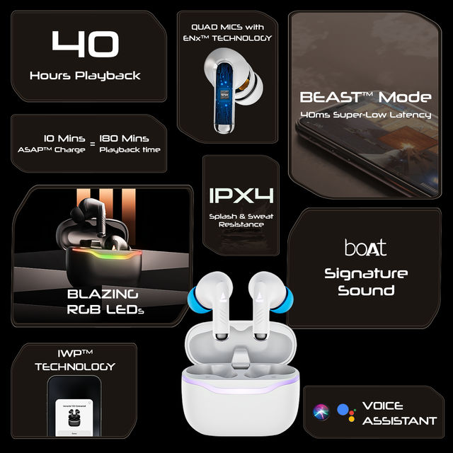 boAt Immortal 125 TWS Earbuds for Gaming w/ 40H Playtime, BEAST Mode & RGB LEDs (White Sabre)