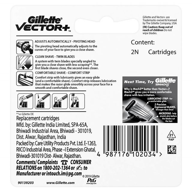 Gillette Vector Plus Manual Shaving Razor Blades - 2 Cartridge