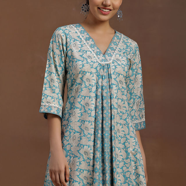 Libas Women's Floral Printed Panelled A-Line Dress with Pleated Style And Pocket | 29115O | Blue - M