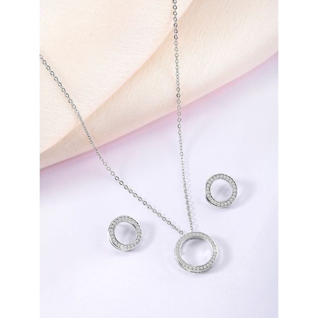 Peora Silver Plated Cubic Zirconia Studded Round Pendant Chain & Stud Earrings Fashion Jewellery