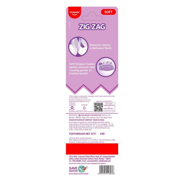 Colgate ZigZag Soft Bristle Toothbrush, Compact Brush Head for Deep & Complete Cleansing