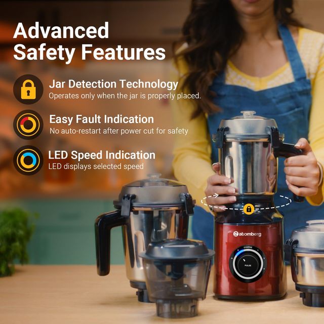 Atomberg Zenova Mixer Grinder With Chopper | 550W | 4 Jars | Red Wine