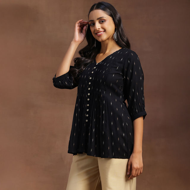 Libas Women's Zari Woven Design A-Line Pleated Kurti with Pintuck Detail | 29133 | Black - XL