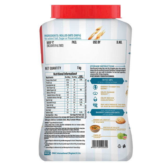 Bagrry's Rolled Oats Jar High Fibre Premium Rolled Oats Protein Rich Breakfast Cereal Wholegrain Breakfast