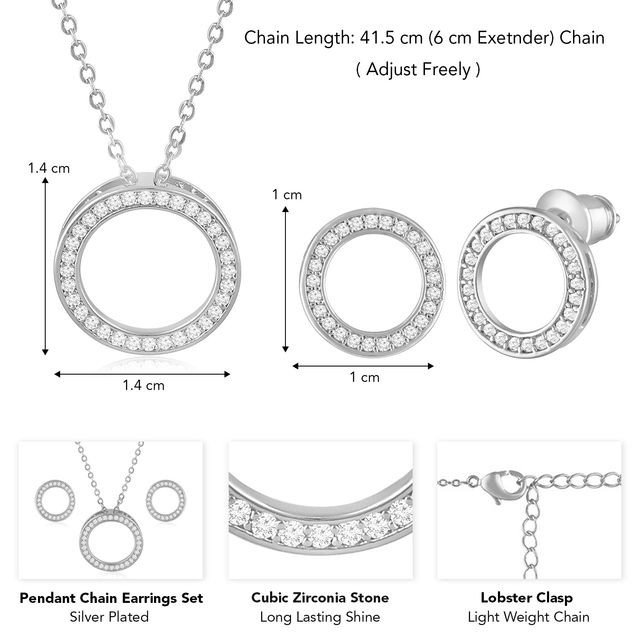 Peora Silver Plated Cubic Zirconia Studded Round Pendant Chain & Stud Earrings Fashion Jewellery