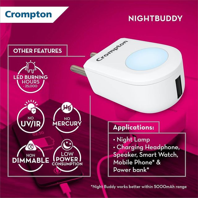 Crompton Night Buddy 0.5 Watt Night Lamp With Usb Charging Adapter Port (Warm White)