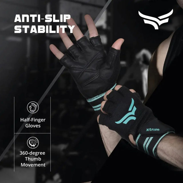 Xtrim Xmacho Leather Gym Gloves with Wrist Support, for Weightlifting & Exercise |Blue & Black - S