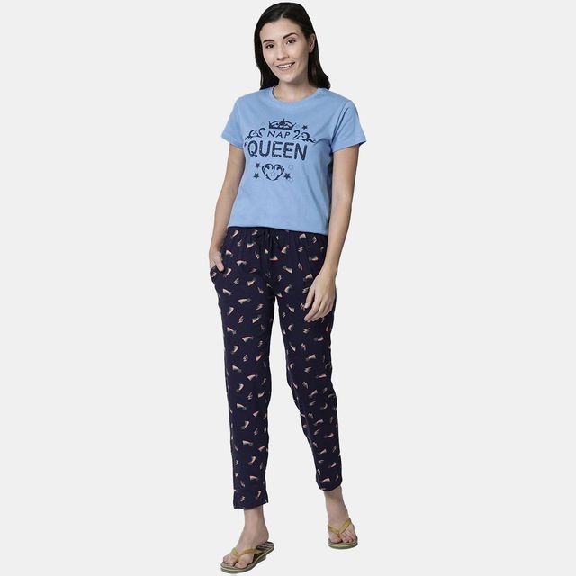 Kryptic Women's Pure Cotton Printed Lounge Pant | Navy - L
