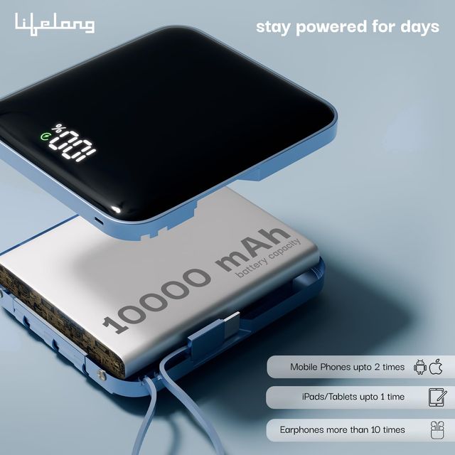 Lifelong Pulse 10000 mAh Fast 22.5W Cable Included Compact Size Power Bank with 4 Input/Output Port