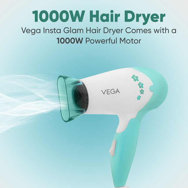 VEGA Insta Glam Foldable 1000 Watts Hair Dryer With 2 Heat & Speed Settings, Vhdh-20N