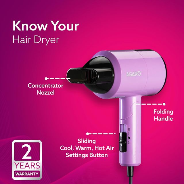 Agaro Hair Dryer 1100 Watts, 2 Heat Speed And Cool Mode, Foldable (Compact In Size)