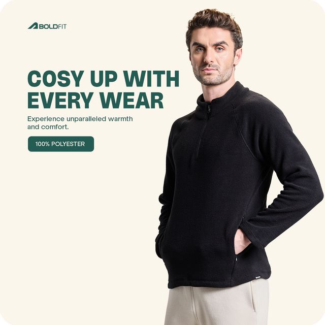 Boldfit Men's Sweatshirt Half Zipper Heavy Fleece Thermal Pullover Anti-Pilling | Aero Black - S