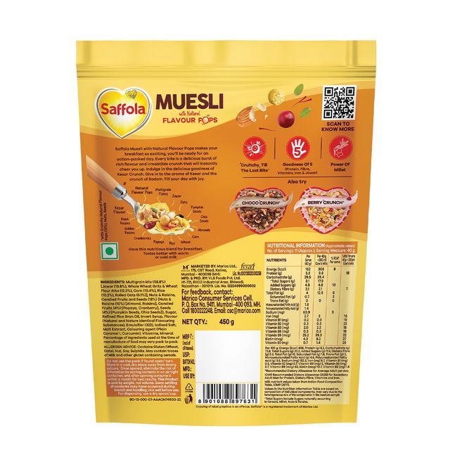 Saffola Muesli Kesar Crunch With Flavour Pops, Fruits, Nuts, Seeds, Millets (15 In 1)
