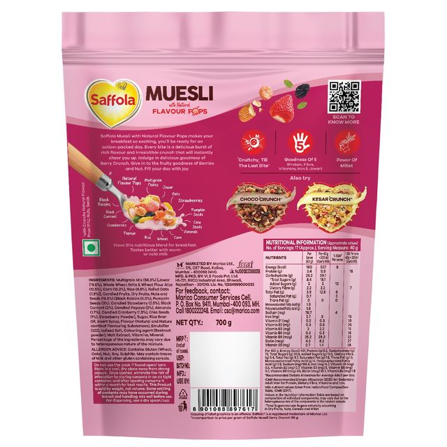 Saffola Muesli Berry Crunch With Flavour Pops | 15 In 1 Fruit And Nuts, Seeds | Millet & More