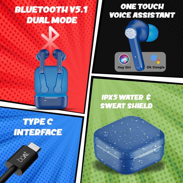boAt Airdopes 458 Tws Earbuds W/ Spatial Bionic Sound by Thx, in Ear Enx Tech(Sport Blue)