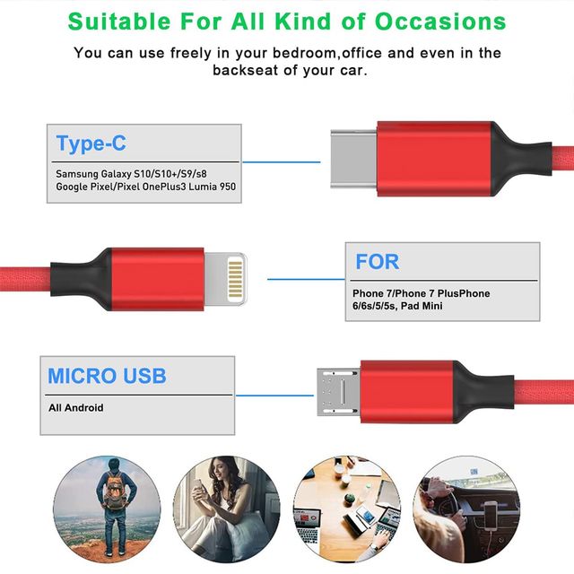 Bestor Multi Charging Cable 3 In 1 Nylon Braided Multiple Usb Fast Charging Cable (Red)