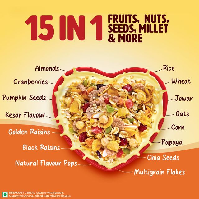 Saffola Muesli Kesar Crunch With Flavour Pops, Fruits, Nuts, Seeds, Millets (15 In 1)