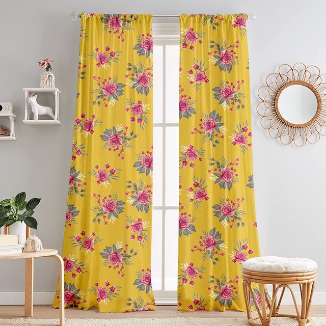 Lushomes Semi-Sheer Door Curtains - Yellow Flowers | 7 ft | 57 x 84 inch