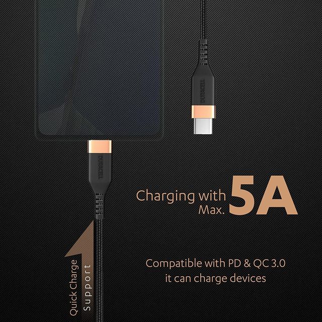 Duracell Type C to Type C Cable | 60W Fast Charging Cable | 1.2m