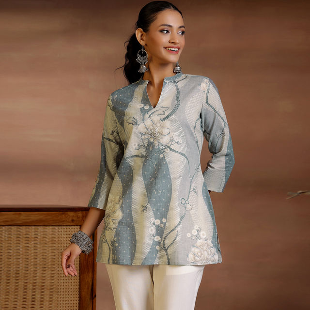 Libas Women's Printed Cotton Blend Straight Kurtis | 58157O 58157OL | Off White - L