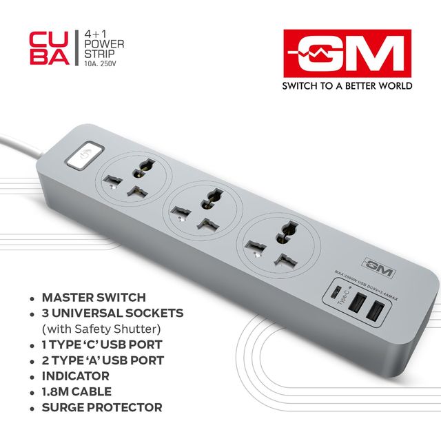 GM 3341 Cuba Power Strip with USB Type–C I Extension Cord with Surge Protection I Spike Guard I Fireproof Body Upto 750 Degree I 1.8M Cord I 3.4A Max Power Output I 3 International Sockets