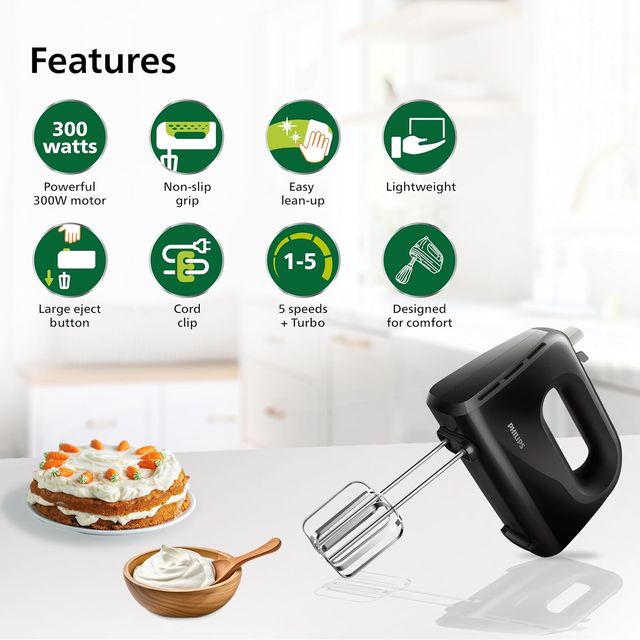 Philips Hr3705/10 300 Watt Lightweight Hand Mixer, Blender With 5 Speed Control Settings