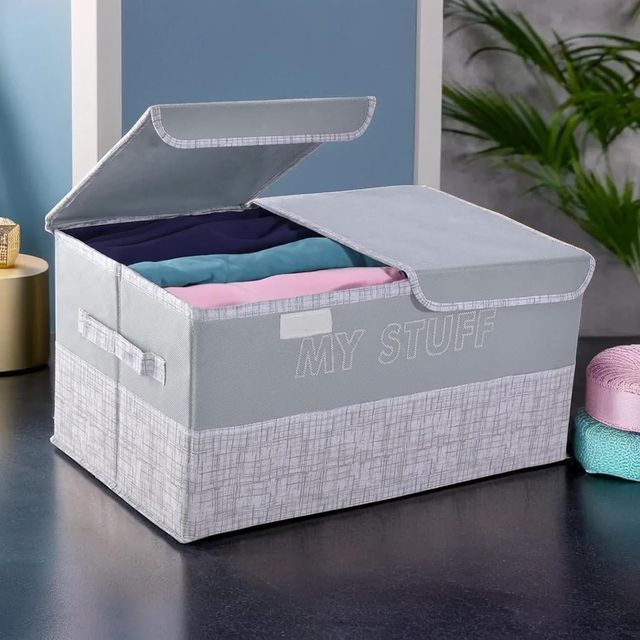 Kuber Industries 2 Compartments Foldable Double Lid Large Clothes Wardrobe Organizer | Grey