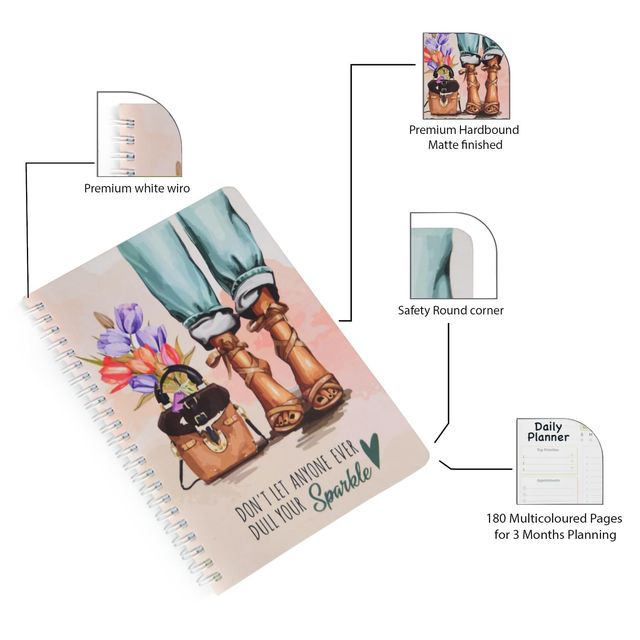 Papboo A5 Hardcover, Undated Daily Planner For 3 Months, With Cool Sticker Sheet (Sparkle)