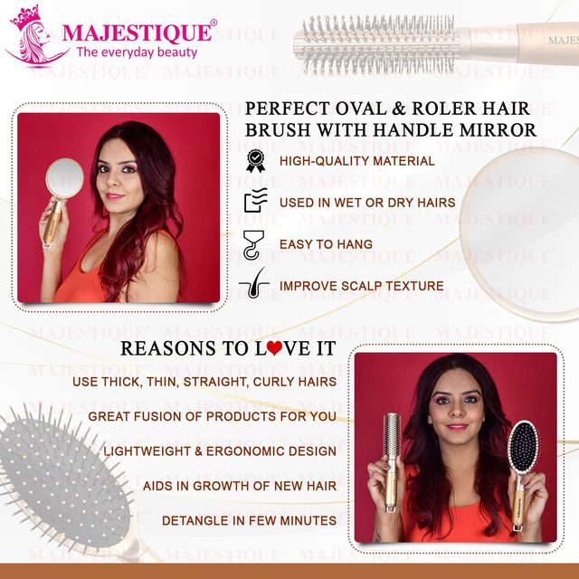 Majestique Round and Oval Cushion Hair Brush Set - Soft Nylon Bristles for All Types | 3Pcs | Gold