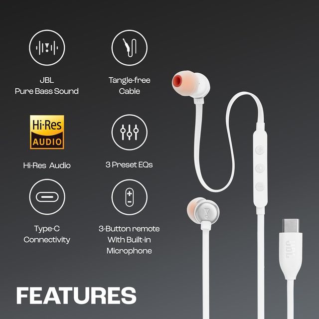 JBL Tune 310 Wired In-Ear Type C Headphones, Hi-Res Audio With Digital-To-Analog Converter (White)
