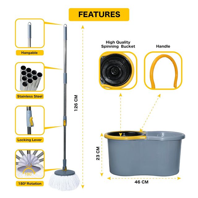 Esquire Elegant 360 Spin Bucket Mop Set With Easy Wheels and Additional Refill - Grey Color