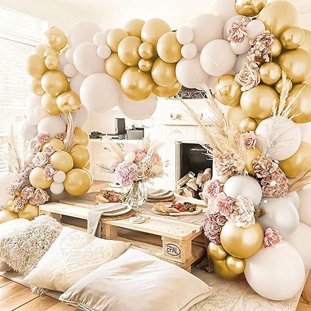 Just Party Gold & White Metallic Finish Shiny Balloons For Party Decoration - Pack Of 50