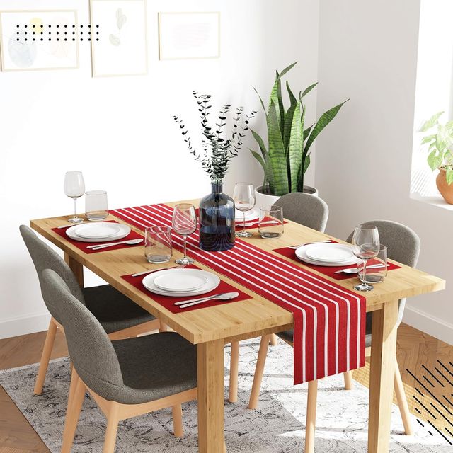 Encasa Xo Ribbed Cotton Table Runner+Placemat Roma Red 32X150 Cm, Pack Of 5