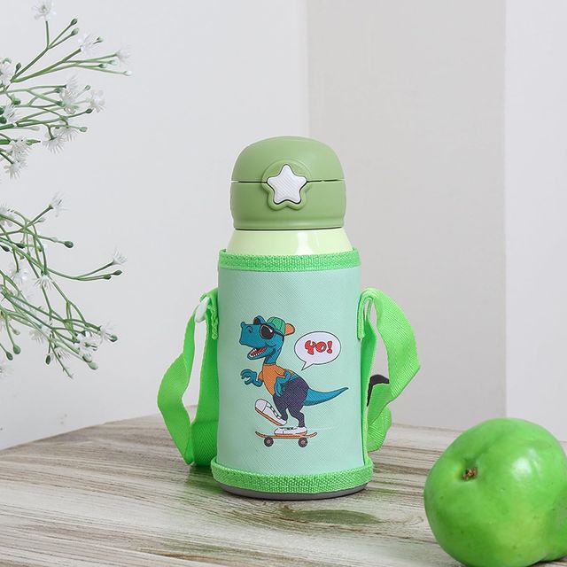 Femora Dino Thermosteel Double Wall Vacuum Kids Water Bottle With Bag Hot & Cold Green 550 Ml
