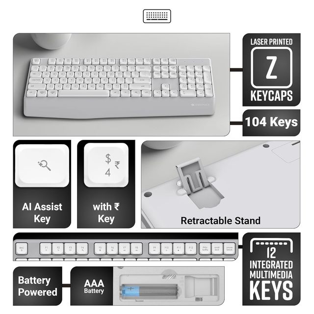 Zebronics Companion 202 Wireless Keyboard & Mouse Combo | Copilot Ai Key | 4 Button Mouse | White