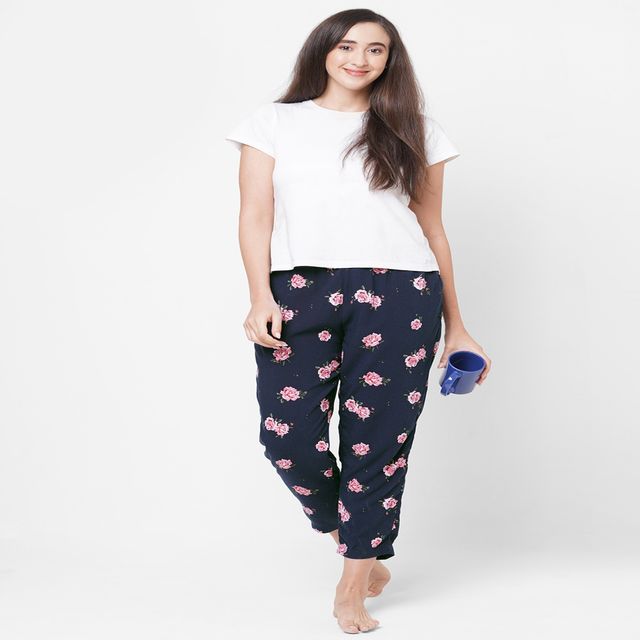 Urban Scottish Women s USWPJ528 Floral Print Viscose Regular Fit Lounge Pants | Navy - S
