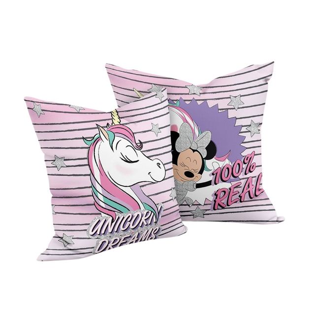 Sassoon Disney Minnie and Unicorn Reversible Printed Filled Cushion | Pink | 40 x 40 cm