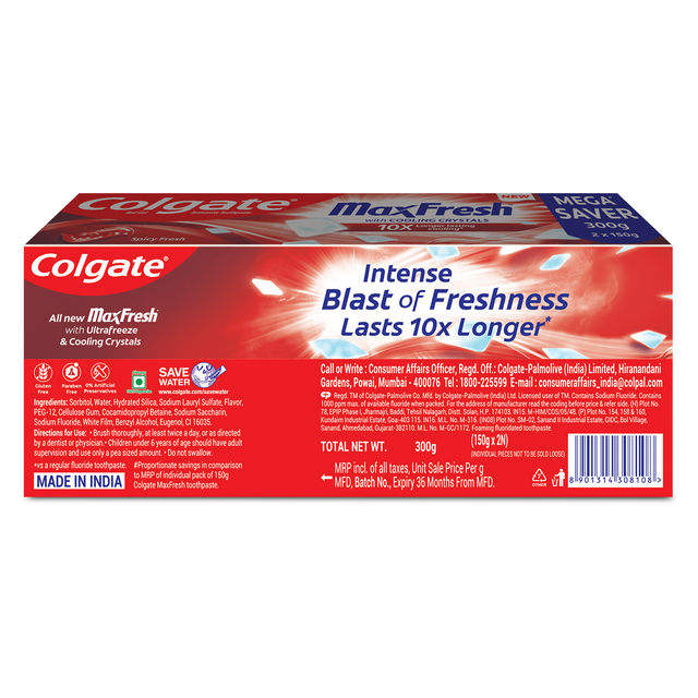 Colgate MaxFresh Toothpaste, Red Gel Paste with Menthol for Super Fresh Breath (Spicy Fresh) 300 g Combo