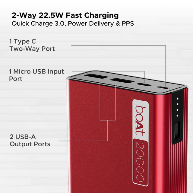 boAt 20000mAh Power Bank w/ 2-Way 22.5W Fast Charging & Smart Power Management - PB400 (Martian Red)