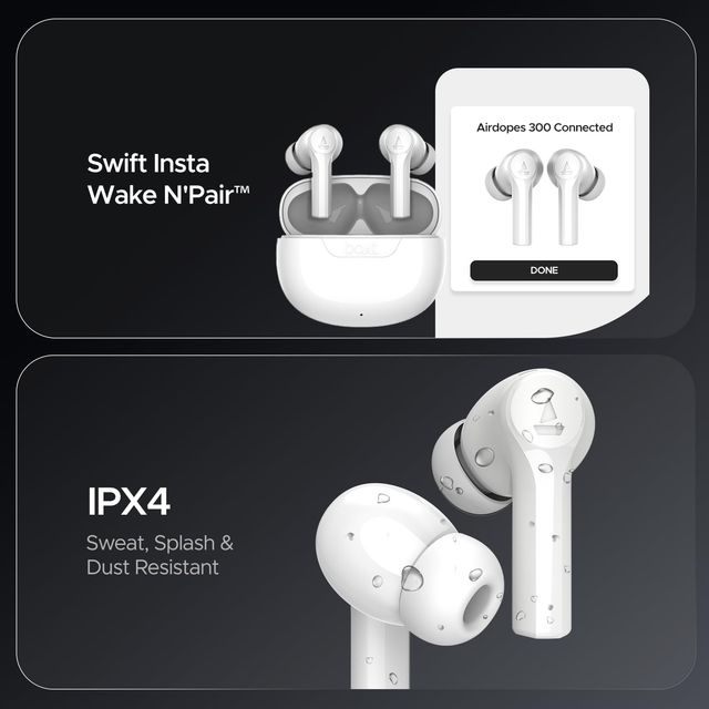 boAt Airdopes 300 TWS Earbuds w/ 50H Playtime, 4 Mics AI-ENx, Spatial Audio & Multi-Point Connectivity (Chrome White)