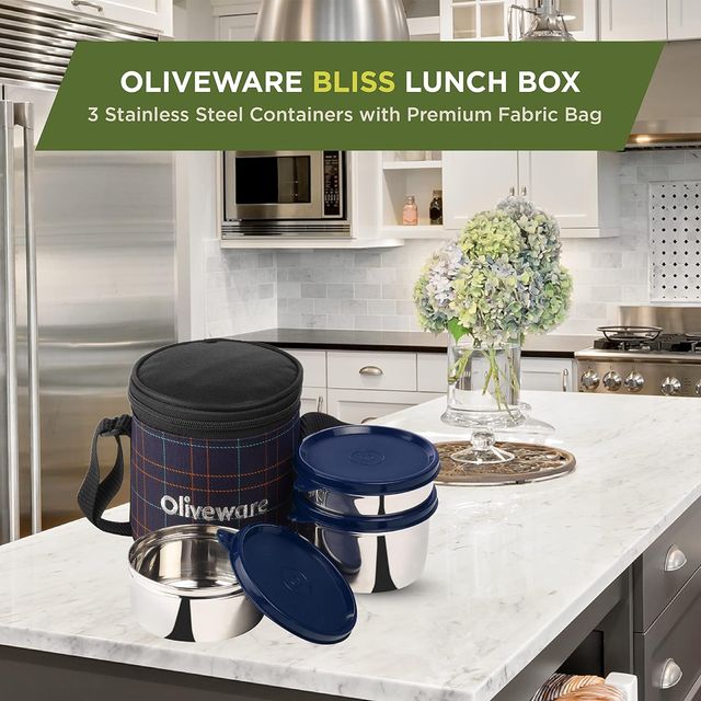Oliveware Bliss Lunch Box, 3 Stainless Steel & Leak Proof Containers BPA Free Airtight Lids - Blue