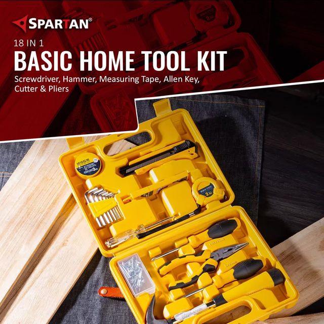 Spartan 18 In 1 Hand Tool Set With Screwdriver, Hammer, Measuring Tape, Allen Key, Cutter & Pliers