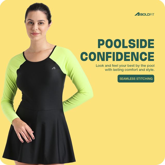 Boldfit Swimming Costume For Women One Piece Peplum Swimsuit Skirt Style Blackgreen - M