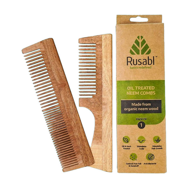 Rusabl Neem Wood Comb | Fine and Wide Tooth